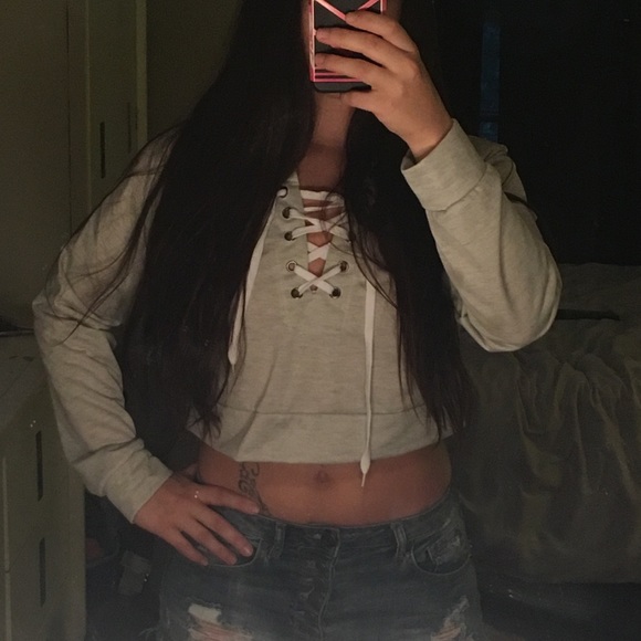 Women's Long Sleeve Small Strappy Sweatshirt Crop - Picture 2 of 5